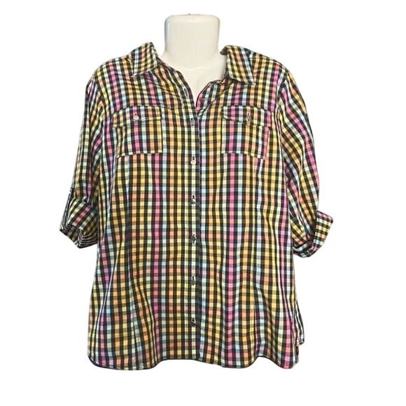 Christopher & Banks Women's Multicolor Checkered Roll Tab Button-Up | Size L - Picture 1 of 8